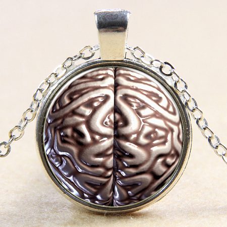 Brain Pattern Flat Round Glass Pendant Necklaces NJEW-N0051-023C-02-1