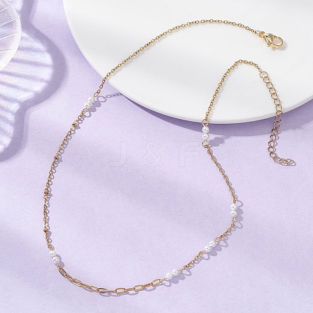 304 Stainless Steel with White Round Shell Pearl Handmade Link Chain Necklaces NJEW-JN05990-1