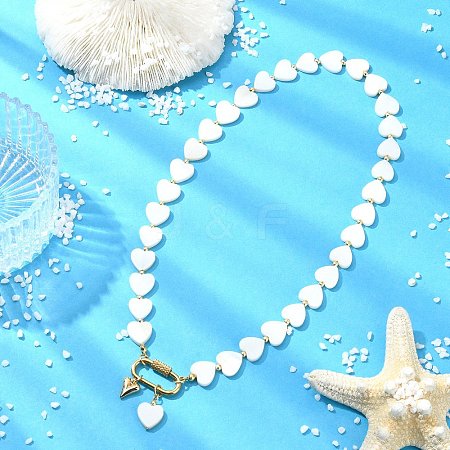 Heart Natural Freshwater Shell Beaded Necklaces with 304 Stainless Steel Screw Carabiner Lock NJEW-JN06202-1