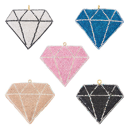 5Pcs 5 Colors Handmade Polymer Clay Rhinestone Big Pendants CLAY-BT0001-16-1