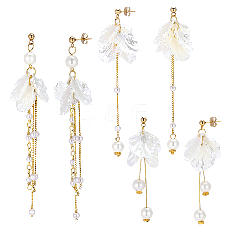 3 Pairs 304 Stainless Steel Flower Tassel Stud Earrings EJEW-PH01461-1