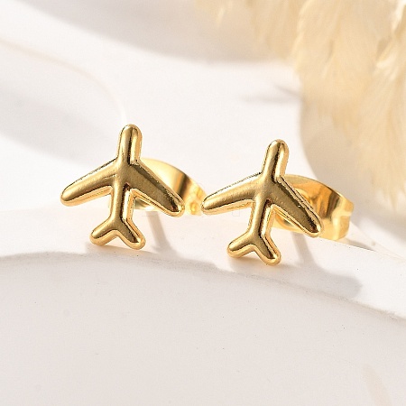 304 Stainless Steel Tiny Airplane Stud Earrings with 316 Stainless Steel Pins for Women EJEW-J043-01G-1