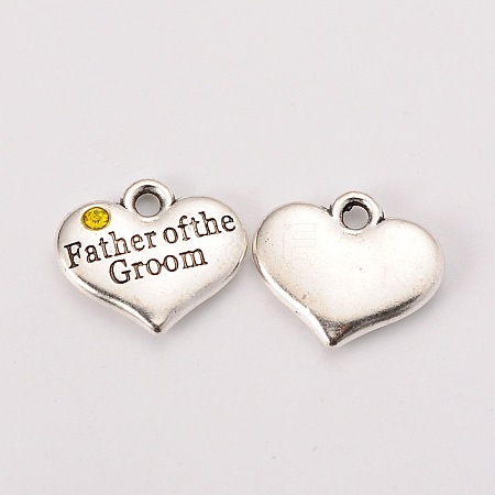 Wedding Theme Antique Silver Tone Tibetan Style Heart with Father of the Groom Rhinestone Charms X-TIBEP-N005-13B-1