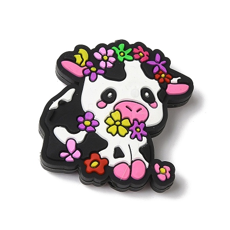 Dairy Cattle Cow Calf with Various Colors Small Flowers Silicone Focal Beads SIL-M006-03B-1