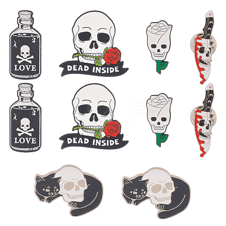 SUNNYCLUE 10Pcs 5 Style Skull & Rose Flower & Knife & Bottle Enamel Pins SKUL-SC0001-02-1