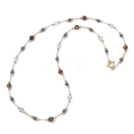 Round Synthetic Non-Magnetic Hematite & Quartz Crystal & Natural Tiger Eye and Glass Twisted Bugle Beaded Necklaces NJEW-JN05726-1
