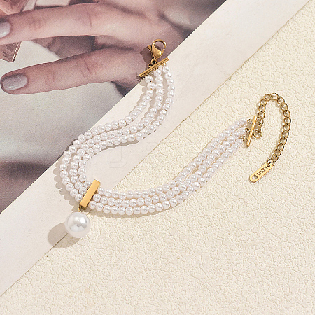 Natural Freshwater Pearl Round Charm Multi-strand Bracelets with 201 Stainlee Steel End Chains UK4868-1