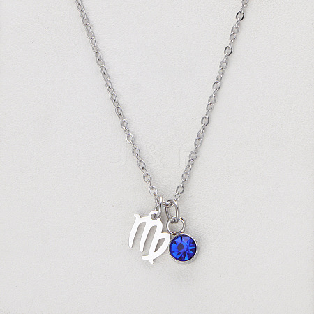 304 Stainless Steel Sapphire Rhinestone Birth Stone Constellation Pendant Necklaces FS-WG76580-21-1