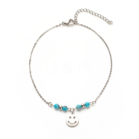 304 Stainless Steel Smiling Face Charm Anklet with Round Natural White Jade Beads for Women AJEW-AN00498-03-1