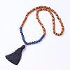 Natural Lapis Lazuli and Wood Mala Beads Necklaces NJEW-JN01779-02-1