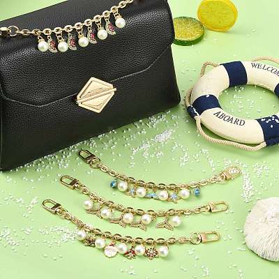 4Pcs 4 Styles Alloy Rhinestone with Acrylic Pearl Bead Charm Cable Chain Bag Decorative Chains HJEW-FS00060-02-1