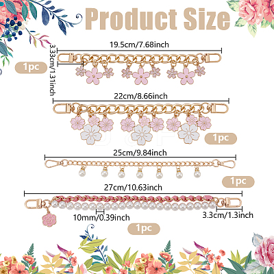 4Pcs 4 Styles Alloy Pink Enamel Flower Charm Bag Decorative Chains FIND-GA0008-19-1