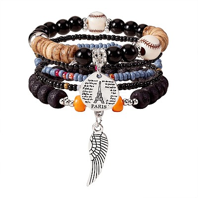 5Pcs 5 Style Wood & Glass Seed & Acrylic Beaded Stretch Bracelets Set with Baseball JB709F-1