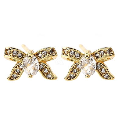 Bowknot Brass Micro Pave Clear Cubic Zirconia Stud Earrings EJEW-G433-05G-1