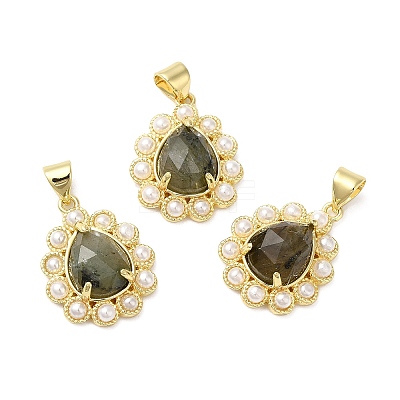 Ion Plating(IP) Natural Mixed Gemstone Teardrop with Plastic Pearl Beaded Pendant G-E599-01G-1