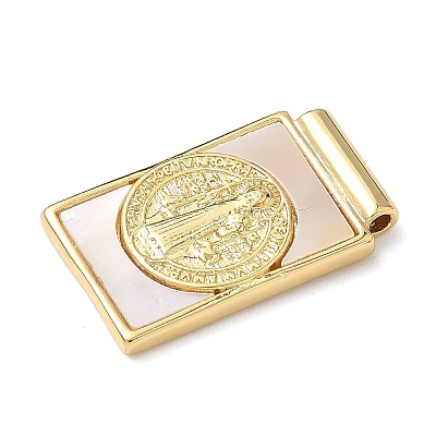 Brass Pave Natural White Shell Religion Rectangle Pendants KK-Q068-32B-G-1