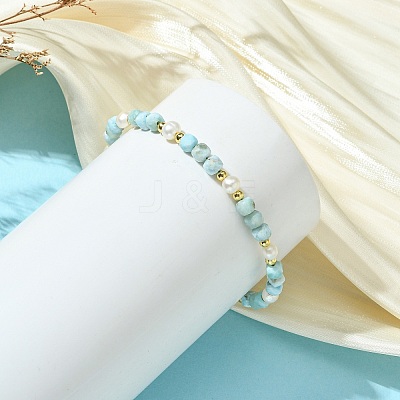 Natural Larimar Faceted Cube and Natural Cultured Freshwater Pearl Beaded Bracelets with Brass Round Beads BJEW-JB14416-1