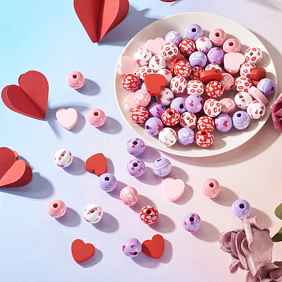 80Pcs 8 Styles Valentine's Day Printed Wood Beads WOOD-TA0003-01-1