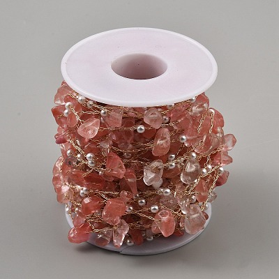 Dyed Light Coral Natural Rose Quartz Nuggets & ABS Plastic Pearl Beaded Chains CHC-CJC0004-01KCG-1