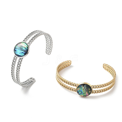 2Pcs 2 Colors Natural Abalone Shell Paua Shell 304 Stainless Steel Open Cuff Bangle Sets with Enamel BJEW-JB14486-01-1