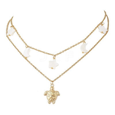 304 Stainless Steel Sea Turtle & Natural Freshwater Shell Star Pendant Double Layer Necklaces for Women NJEW-JN05400-1