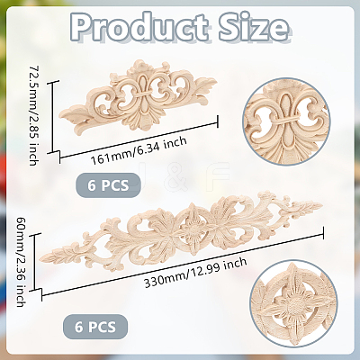 12Pcs 2 Styles Natural Solid Wood Carved Onlay Applique Craft AJEW-AR0005-05-1