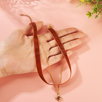 Alloy Resin Sun Pendant Single Face Dark Red Velvet Ribbon & Brass Chain Double Layered Choker Necklaces NJEW-TAC0039-1