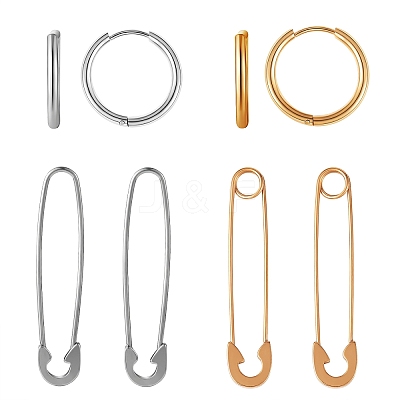 4Pair 4 Style Safety Pin & Ring 304 Stainless Steel Hoop Earrings for Women EJEW-SZ0001-84-1