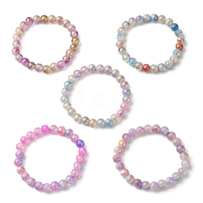 5Pcs 5 Color Crackle Glass Round Beaded Stretch Bracelets Set BJEW-JB09695-01-1