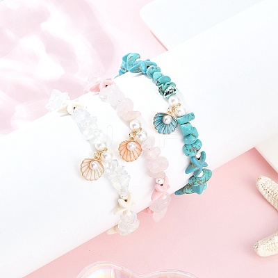 3Pcs 3 Styles Zinc Alloy Enamel Shell Shape Charm Round Shell Pearl & Dyed Synthetic Turquoise Starfish & Magnesite & Opalite & Natural Rose Quartz Chip Beaded Anklets AJEW-AN00735-1