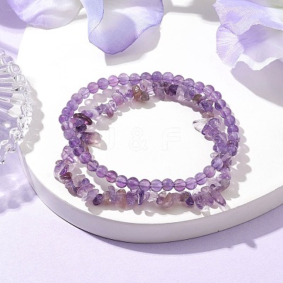Chip & Round Natural Amethyst Beaded Stretch Bracelets for Women BJEW-JB10189-03-1