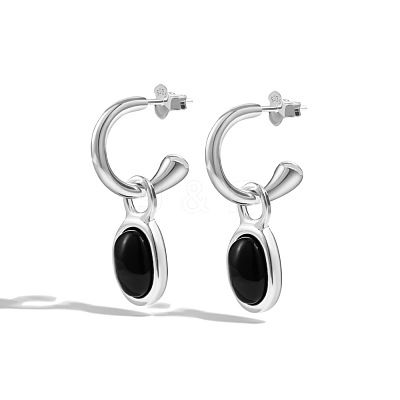 Natural Dyed & Heated Black Agate Oval Dangle Stud Earrings EJEW-M241-02-1