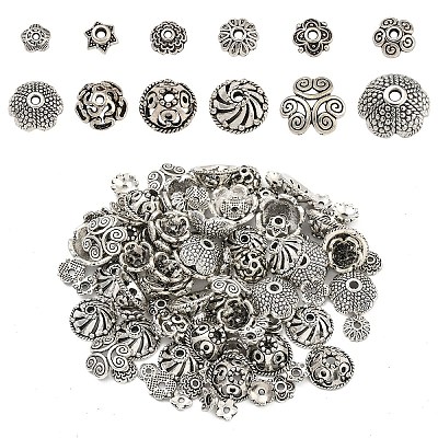 120Pcs 12 Styles Tibetan Style Alloy Bead Caps TIBE-YW0001-61-1