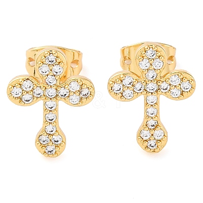 Rack Plating Cross Brass Pave Clear Cubic Zirconia Stud Earrings EJEW-S245-01G-C-1