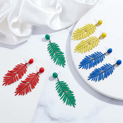 4 Pairs 4 Colors Alloy Leaf Dangle Stud Earrings with 925 Sterling Silver Pins EJEW-AN0002-61-1