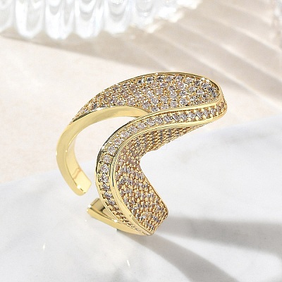 Brass Micro Pave Clear Cubic Zirconia Cuff Open Rings for Women RJEW-L343-15G-1