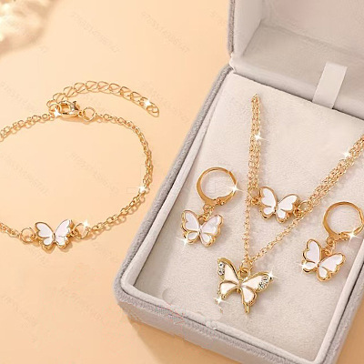 Butterfly Alloy Rhinestone & Enamel Pendant Necklace & Bracelets & Earring & Rings Sets for Children FS-WGE37FF-01-1