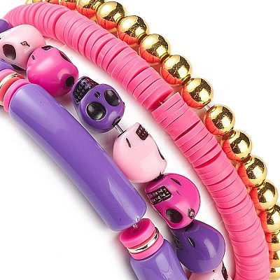 4Pcs 4 Style Acrylic Evil Eye & Plastic Skull & Synthetic Hematite Beaded Stretch Bracelets Set BJEW-JB08896-1