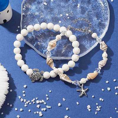 2Pcs 2 Style Synthetic Howlite & Glass & Shell Stretch Bracelets with Tortoise BJEW-JB10091-03-1