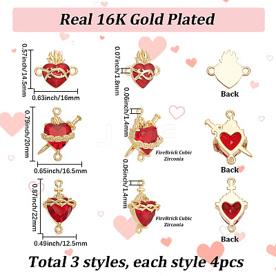 12Pcs 3 Styles Brass Enamel Sacred Heart of Jesus Links Connector Charms KK-SC0007-86-1