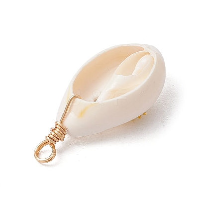 Copper Wire Wrapped Natural Cowrie Shell Pendants PALLOY-JF03554-06-1
