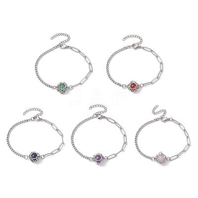 Natural Gemstone Round Link Bracelet BJEW-JB10032-02-1