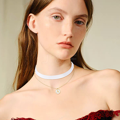 Alloy White Enamel Flat Round with Letter A Pendant Single Face Velvet Ribbon & 304 Stainless Steel Chain Double Layered Necklaces for Women NJEW-TAC0040-1