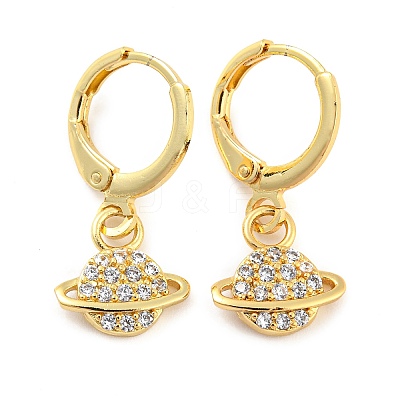 Planet Shape Rack Plating Brass Micro Pave Cubic Zirconia Dangle Leverback Earrings EJEW-P240-06G-1