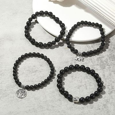 Natural Shungite & Lava Rock Round Beaded Bracelets Sets BJEW-JB09542-1