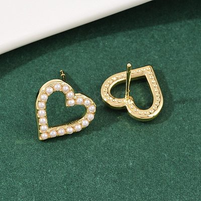 Brass ABS Plastic Pearl Hollow Heart Stud Earrings EJEW-L275-14G-04-1