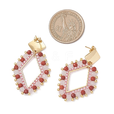 Rhombus Mixed Stone & Glass Seed Beads Dangle Stud Earrings EJEW-MZ00666-02-1