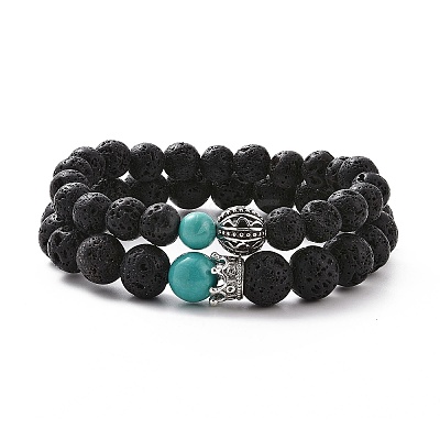Couples Natural Lava Rock Stretch Bracelets BJEW-JB03315-01-1