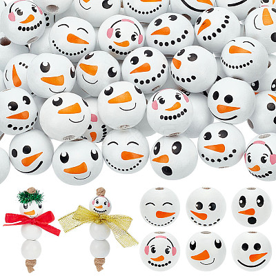 60Pcs 6 Styles Round Christmas Snowman Print Wood European Beads WOOD-PH0003-05-1