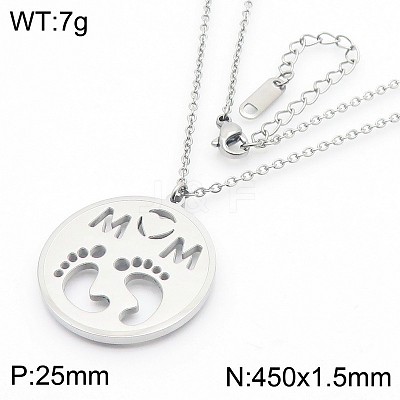 Mother's Day 304 Stainless Steel Hollow Out Flat Round with Word Mom & Baby Feet Pendant Necklaces WGD8F21-10-1